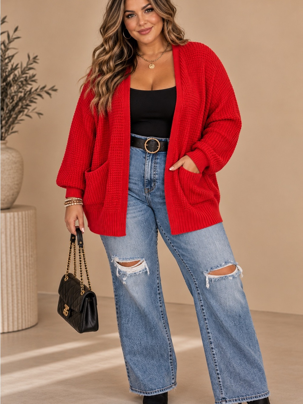 Zenana 1X Red Chunky Knit Open Front Cardigan Sweater Oversized Pocket Cozy